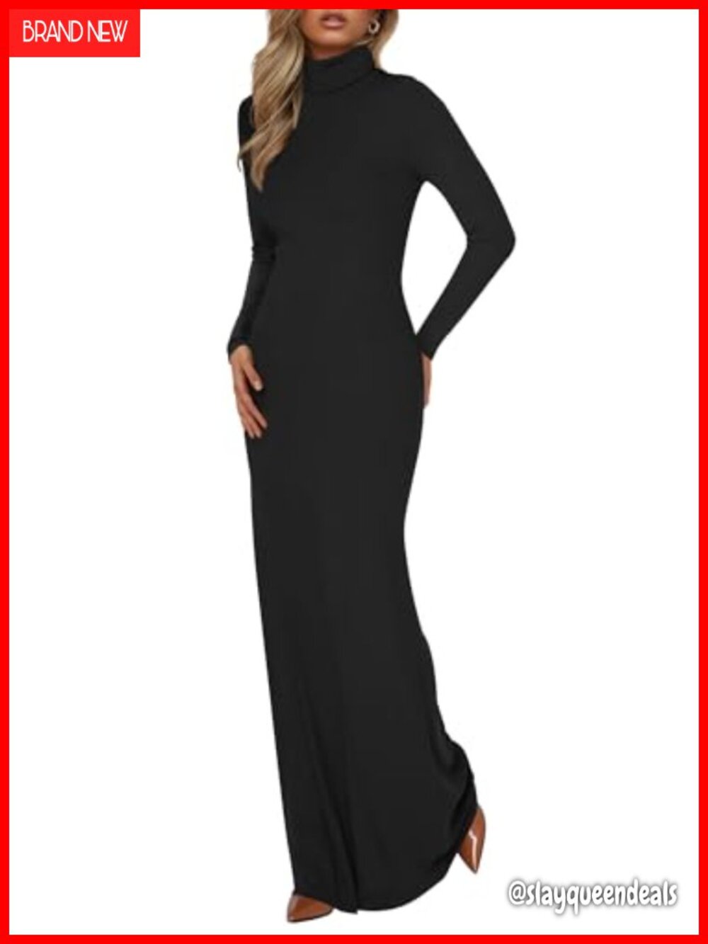 Long Sleeve Turtle Neck Stretchy Ribbed Knit Maxi Dress Semi Formal Wedding